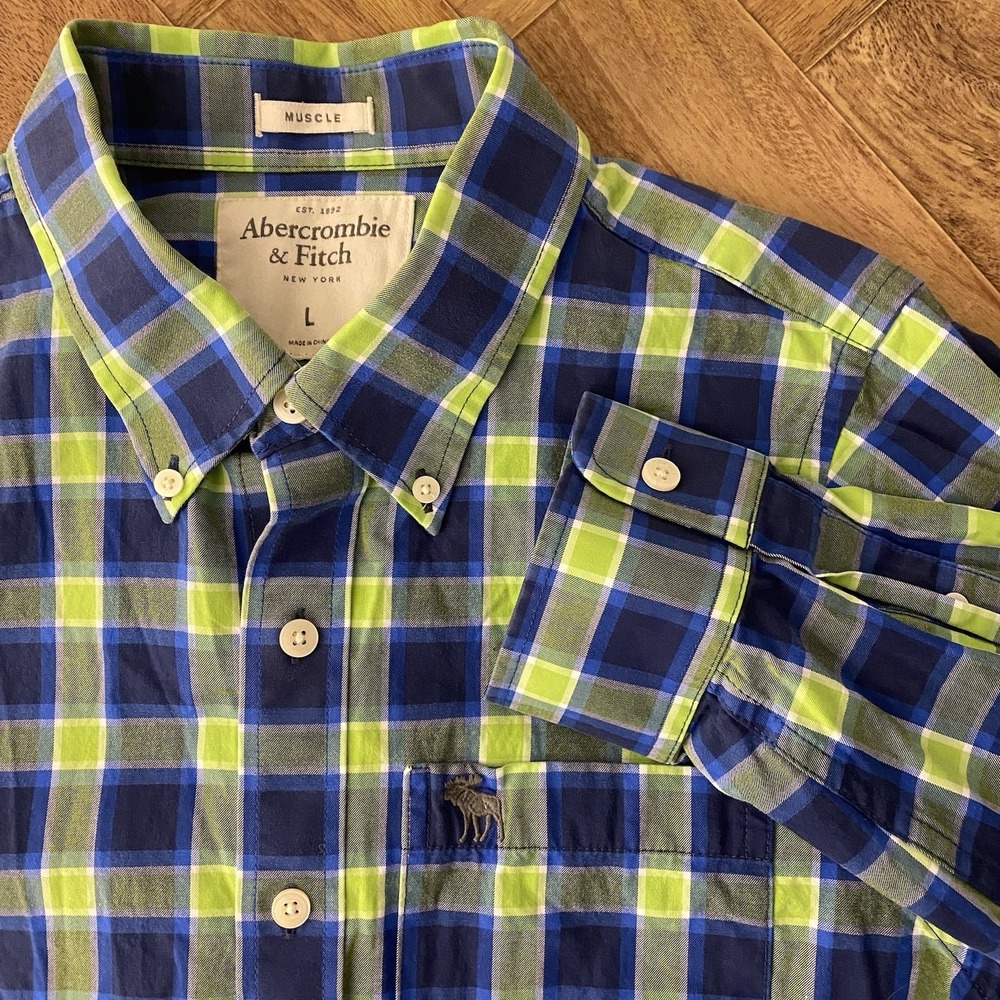 Abercrombie & Fitch Shirt Mens Large Blue Green Plaid Muscle Button Up Y2K Prep